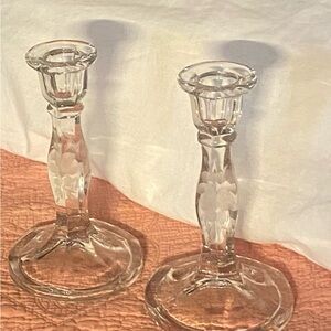 Beautiful pair Vintage etched Glass Candle Holders. Perfect